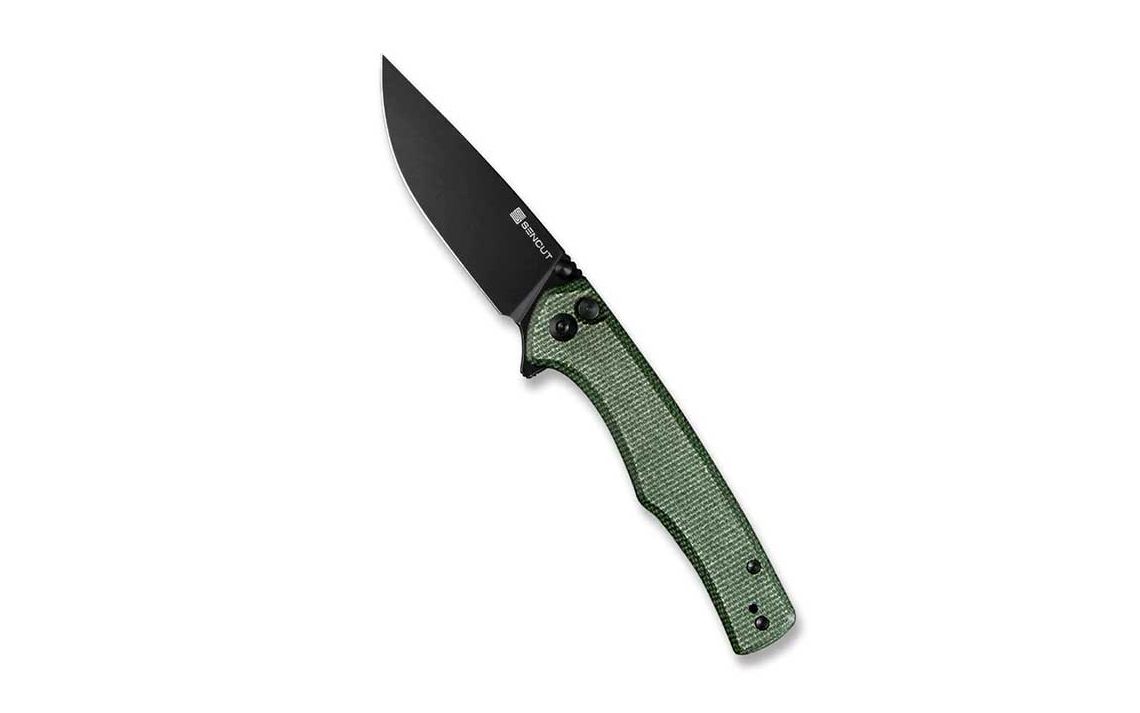 Sencut  S21012-3 Crowley Button Lock & Thumb Stud Green Micarta Handle Knife